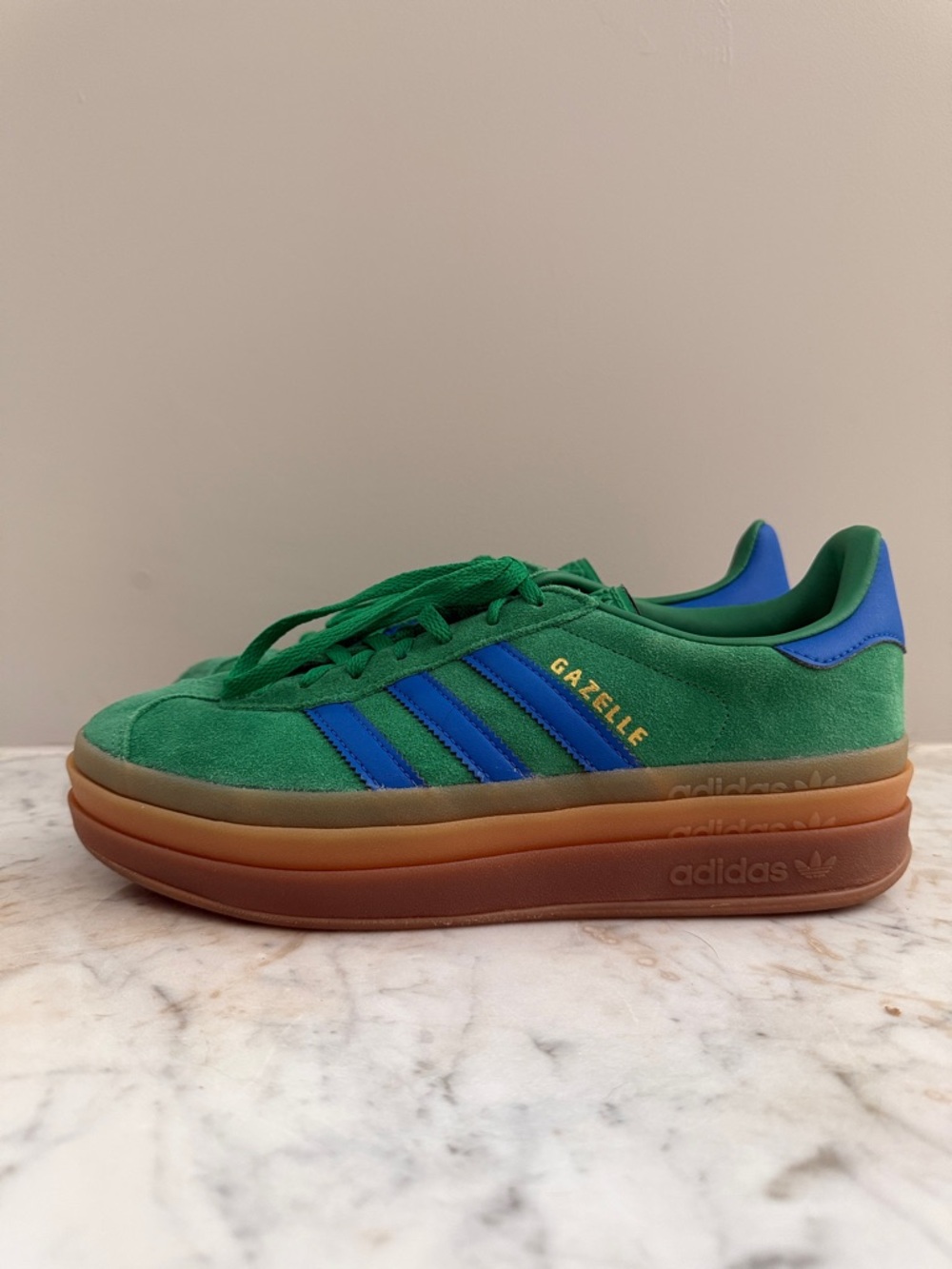 adidas Green Suede Gazelle with Blue Stripes and Gum Platform